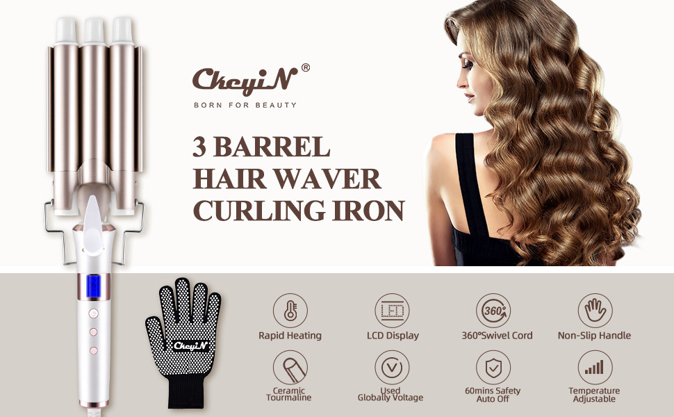 CkeyiN 3 Barrel Hair Waver, з 16 контролем температури РК-дисплей температури 22 мм Керамічний турмалін Потрійний барель Русалка Х
