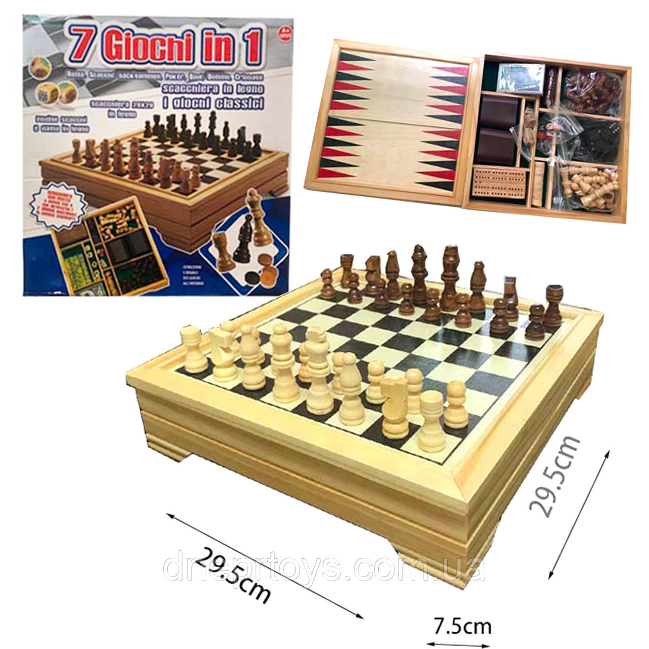 Настільна гра 7в1 шахмати, шашки, нарди, доміно, покер, кріббедж, кубики (dadi) на ножках дерево 29,5*29,5*7,5 см. поле (2975), фото 1