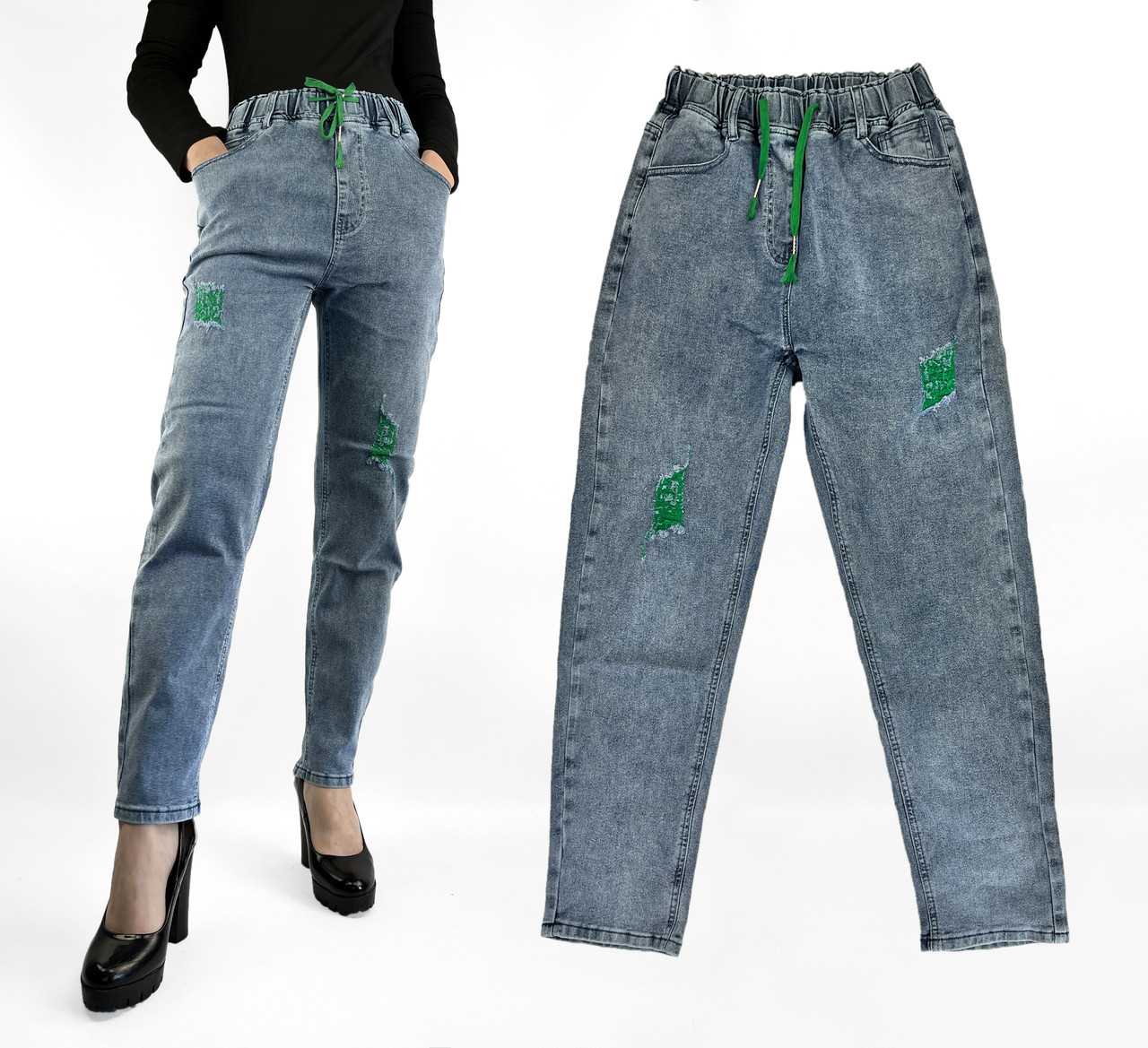 Джинси МОМ на гумці Жіночі стильні джинси з потертостями розміри 28-32 Зелені виворіт