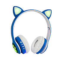 Сині бездротові навушники з вушками та підсвічуванням блютуз навушники дитячі Cat ear headphones VZV-23M