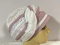 Летняя бандана-шапка-косынка-тюрбан-чалма лён+ хлопок белая с розовым