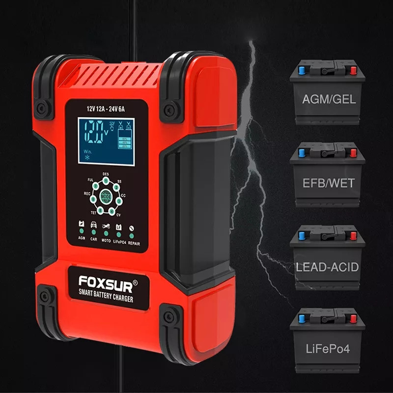 Імпульсний зарядний пристрій FOXSUR 12 V 12 A 24 V 6 A для авто/мото акумуляторів
