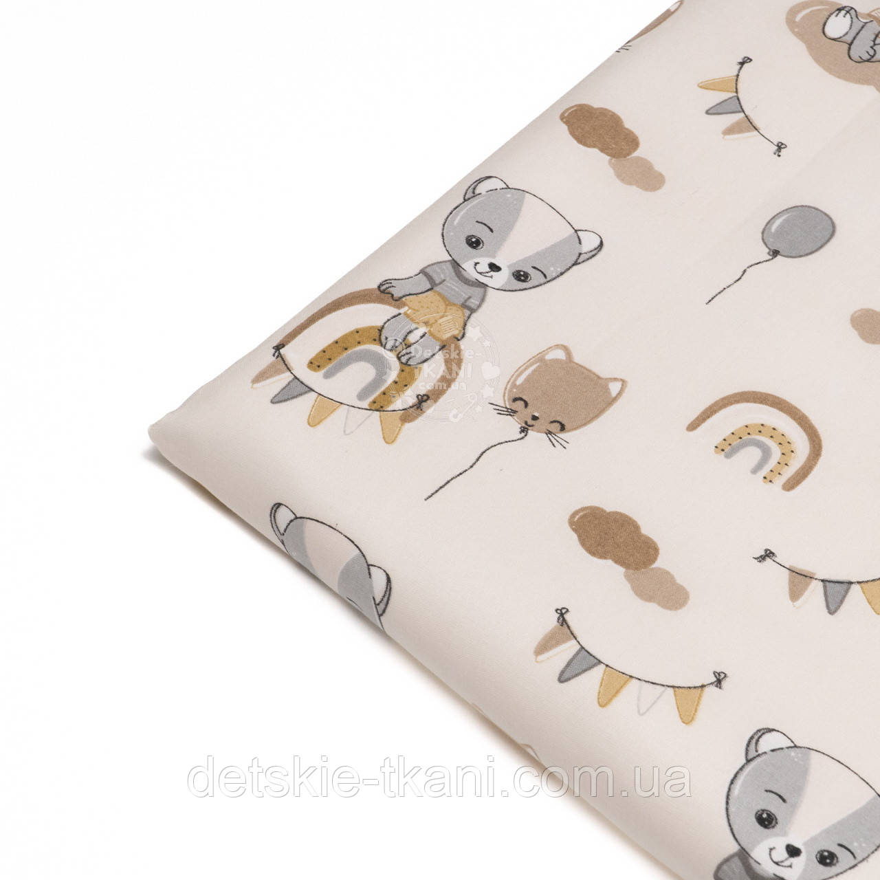 Клапоть бязі "Ведмедик на веселці та кулька-кошеня" на бежевому тлі, №4516, розмір 35*80 см, фото 1