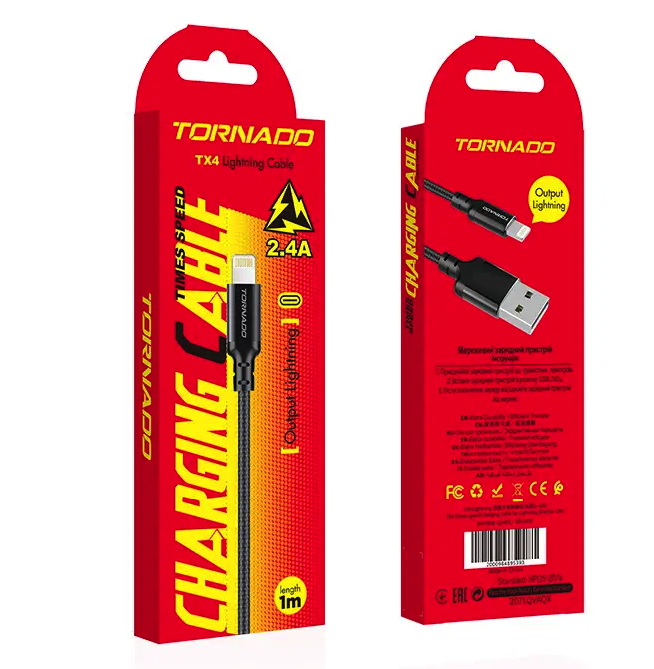 Кабель Tornado TX4 Lightning Nylon cable 2.4A 1M Black, фото 1