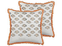 2 декоративные цветочные подушки из хлопка с кисточками 45 x 45 см, белые и оранжевые SATIVUS