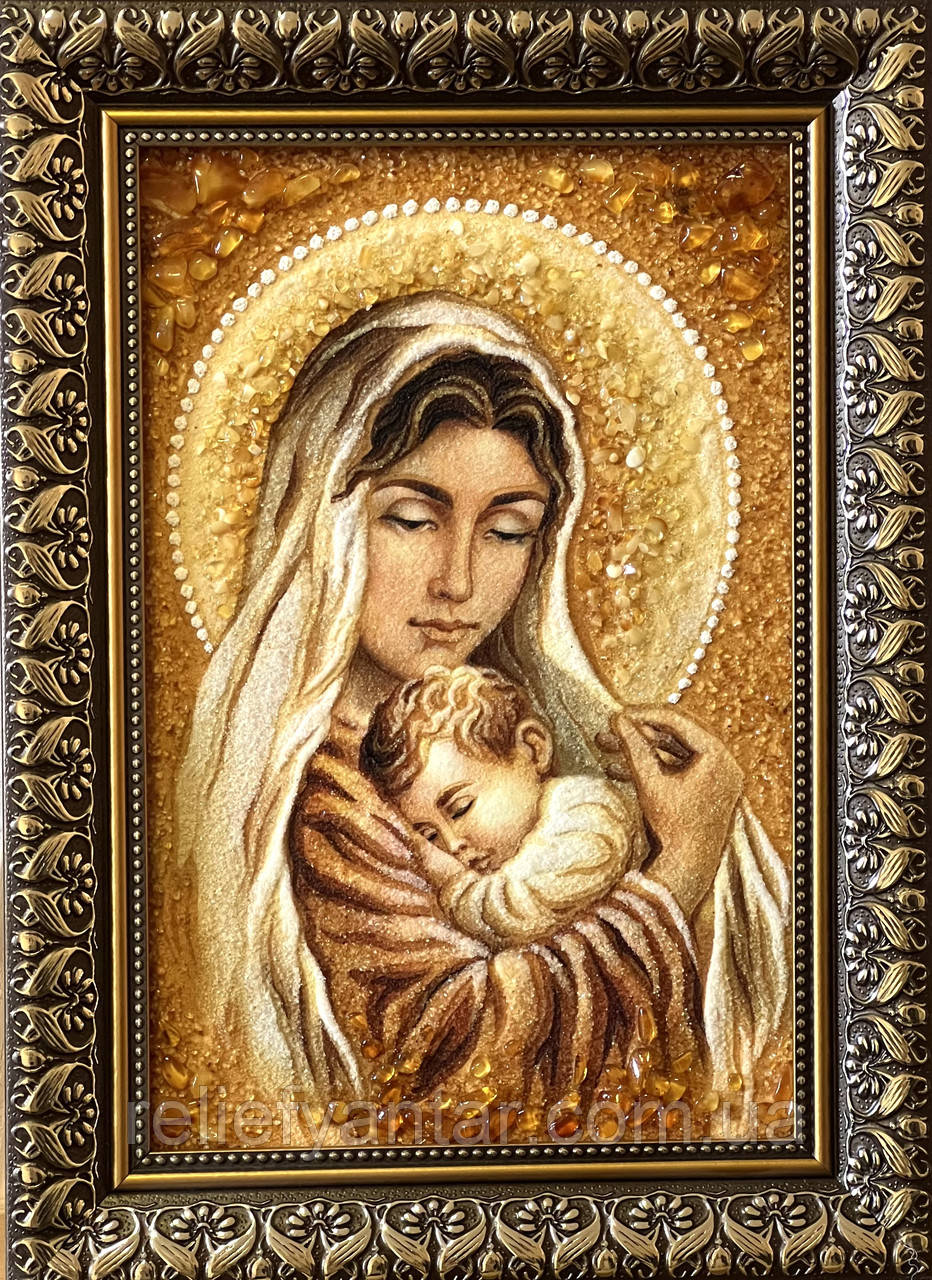 Ікона з янтаря Діва Марія з Ісусом, Ікона з бурштину Діва Марія з Ісусом 20x30 см