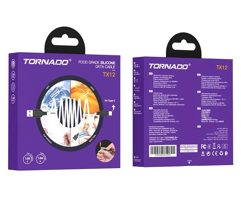 Кабель Tornado TX12 Type-c Silicon Cable 3A 1M White Black, фото 1