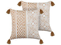2 бавовняні декоративні подушки в геометричному малюнку з бахромою 45 х 45 см світло-коричневі з білим MALUS