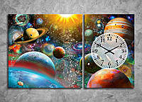 Модульна картина з годинником яскраві фарби Сонячна система Планети Земля Космос Зірки Меркурій габарит 100*60
