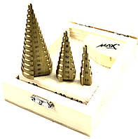 Набор ступенчатых сверл MAX от 4 до 32 мм 4-32 4-20 4-12 стильном деревянном ящике(12)