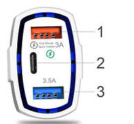 Швидке заряджання Quick Charge 3.0 Ембієнт світлодіод CA-005 Quick Car Charger 2x USB 1x Type-C