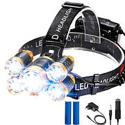 Світлодіодний налобний ліхтарик Відео-T6 CREE + 4X CREE R5 TM-A500 2x 18650 3,7 В, 2000LM, 4 режими освітлення
