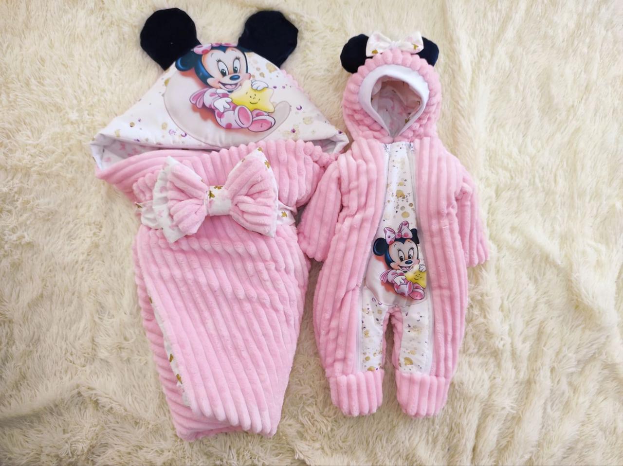 Демісезонний комплект для новонароджених дівчаток, рожевий, принт Минни, фото 1