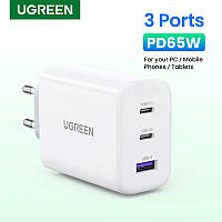 Мережевий зарядний пристрій PD 65 W UGREEN CD275 для швидкого заряджання 2*USB-C 1*USB-A Fast Charger White (90496)