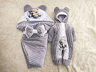 Зимний комплект для новорожденных малышей, серый, принт Медвежонок