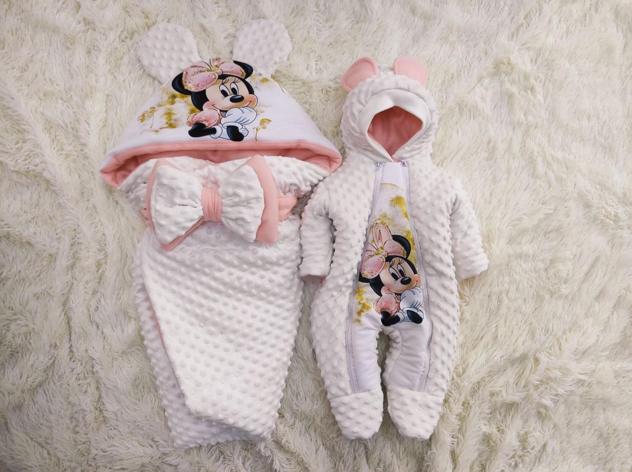 Демісезонний комплект одягу для новонароджених, принт Мінні, молочний, фото 1