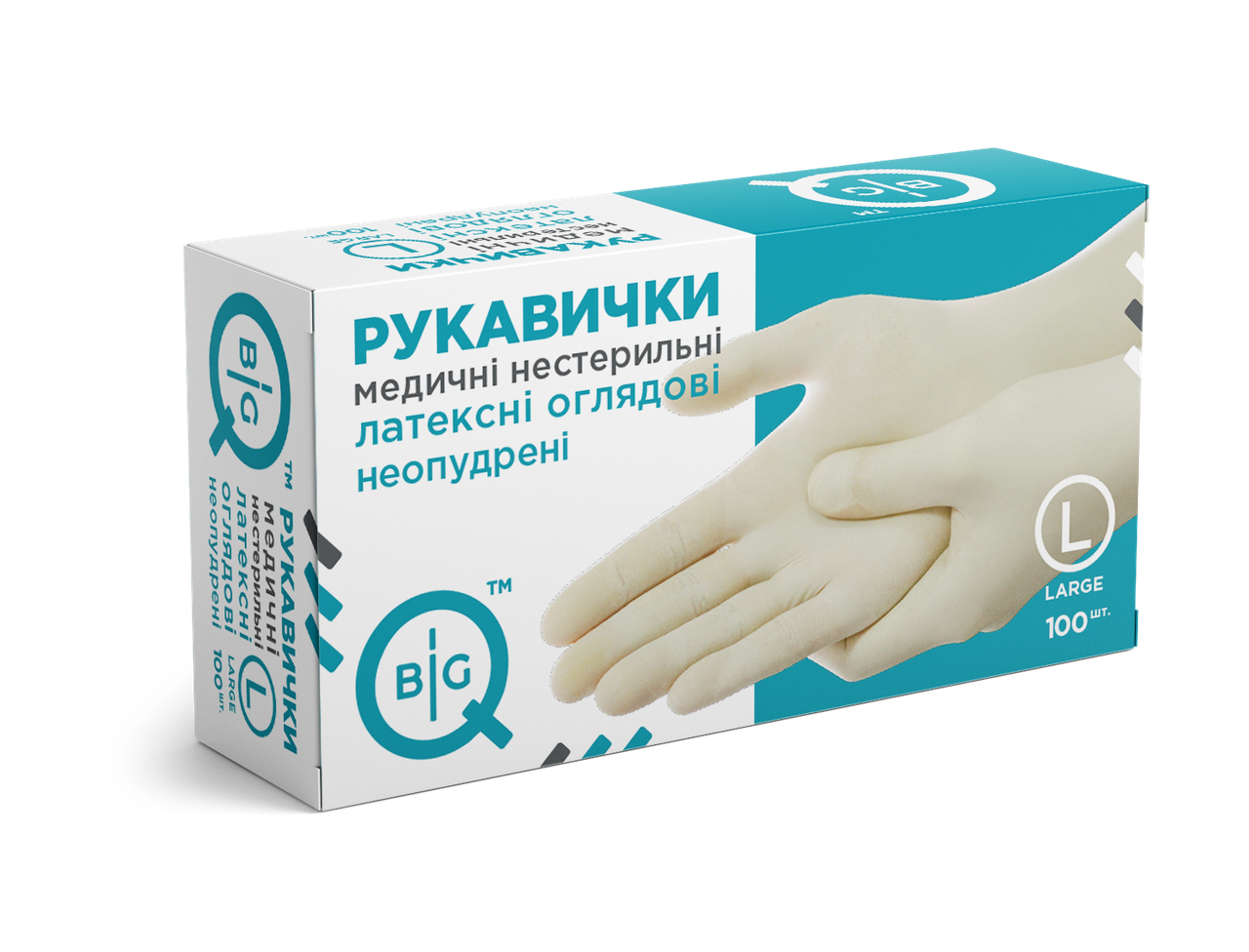 Рукавички латексні медичні нестерильні оглядові неопудрені BigQ, розмір L,100 шт