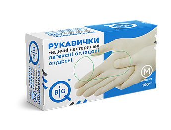 Рукавички латексні медичні нестерильні оглядові опудрені BigQ, розмір M,100 шт