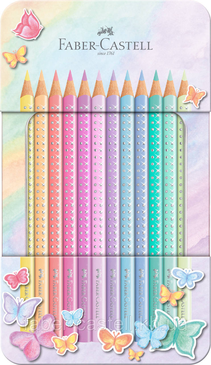 Кольорові олівці Faber-Castell Grip Sparkle 12 кольорів пастельних відтінків в металевій коробці, 201910