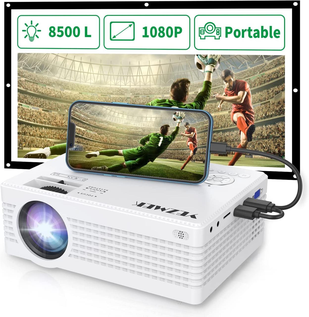 Проектор, міні-проектор YEZMEK 8500 Lumen Native 1080P Full HD, портативний проектор, сумісний з смартфоном і планшетним ноутбуком