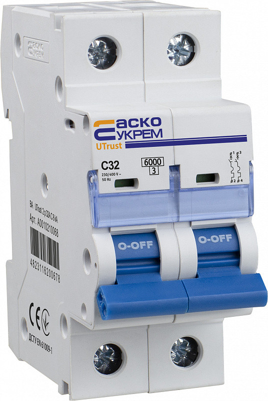 Автоматичний вимикач UTrust 2P 32A тип C 6кА, захист від перевантажень, DIN-рейка