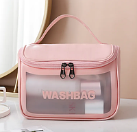 Косметичка органайзер водонепроницаемая розовая из эко-кожи Washbag 22х16х12 см сумка для косметики с ручкой