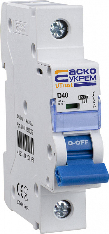 Автоматичний вимикач UTrust 1p 40А тип D 6кА, для захисту електричних ланцюгів