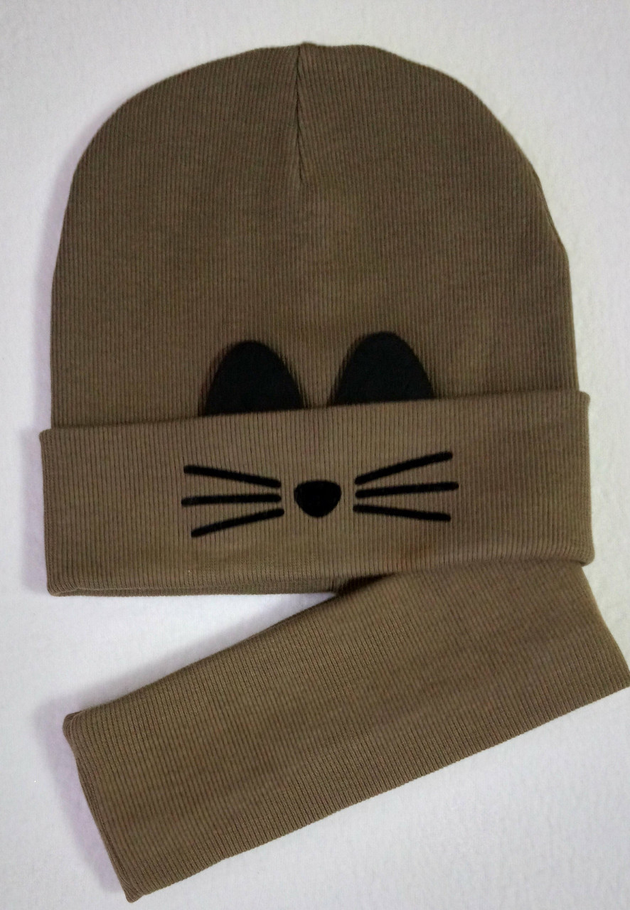 Комплект для дівчаток: шапка + снуд оливкового кольору, подвійний рубчик "Котик" р 50-52