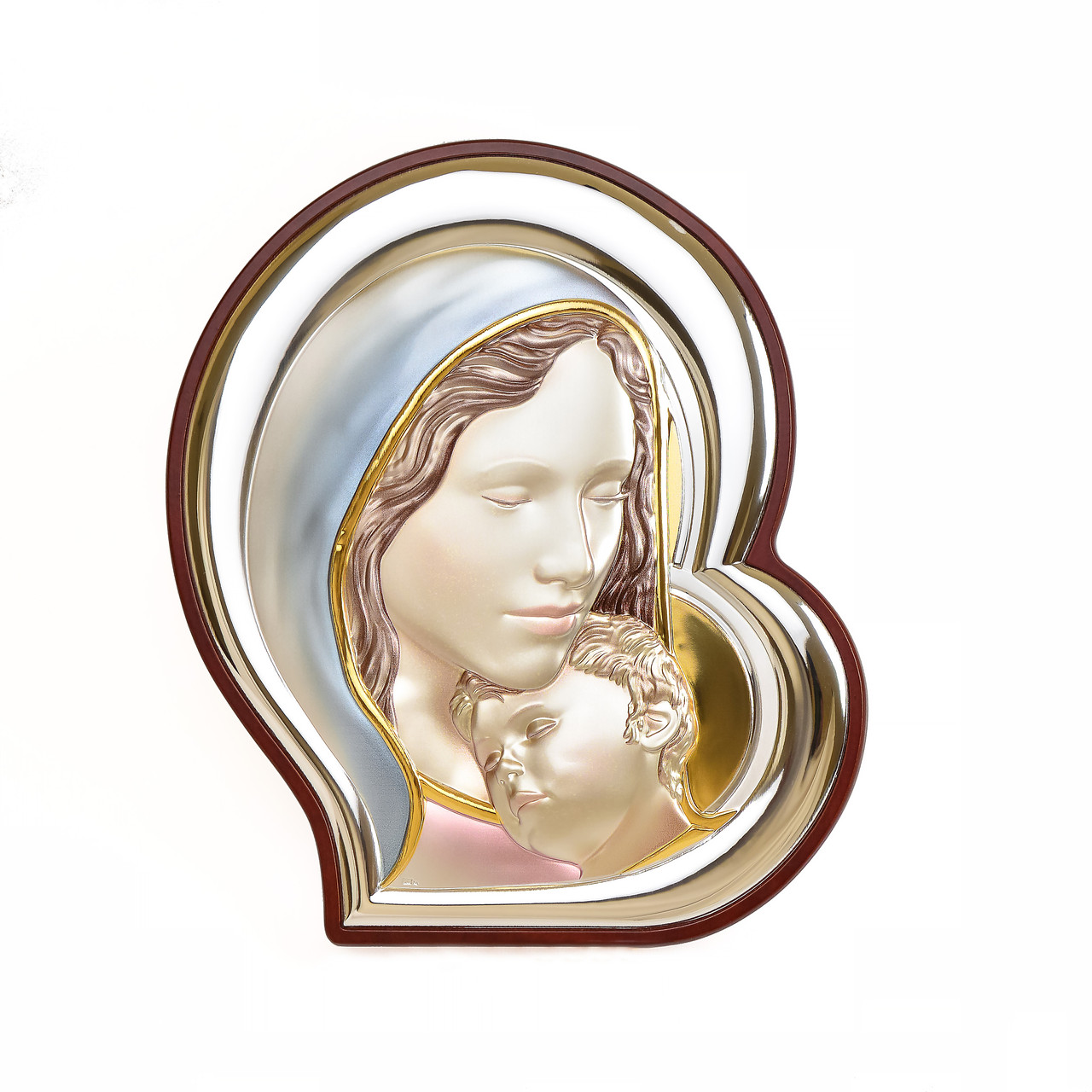 Срібна ікона Богородиця з немовлям у формі серця з емаллю 13х15см