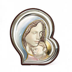 Срібна ікона Богородиця з немовлям у формі серця з емаллю 27х31см