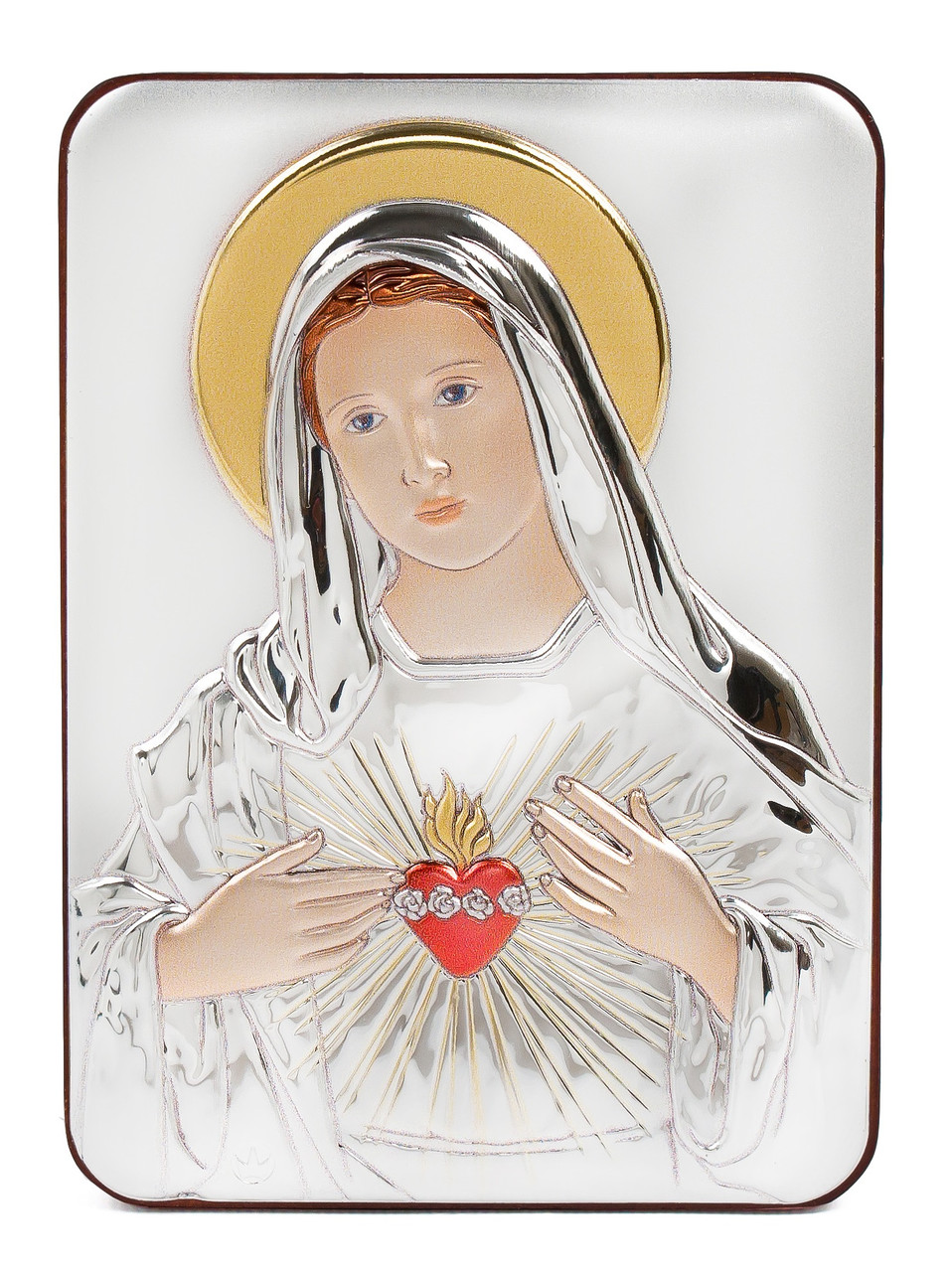 Срібна ікона Серце Марії у прямокутній формі з емаллю 7х10см