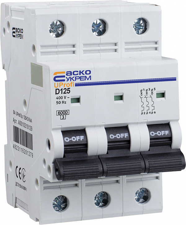 Автоматичний вимикач 3p 125А тип D 6kА Uprofi, захист від перевантажень, DIN-рейка