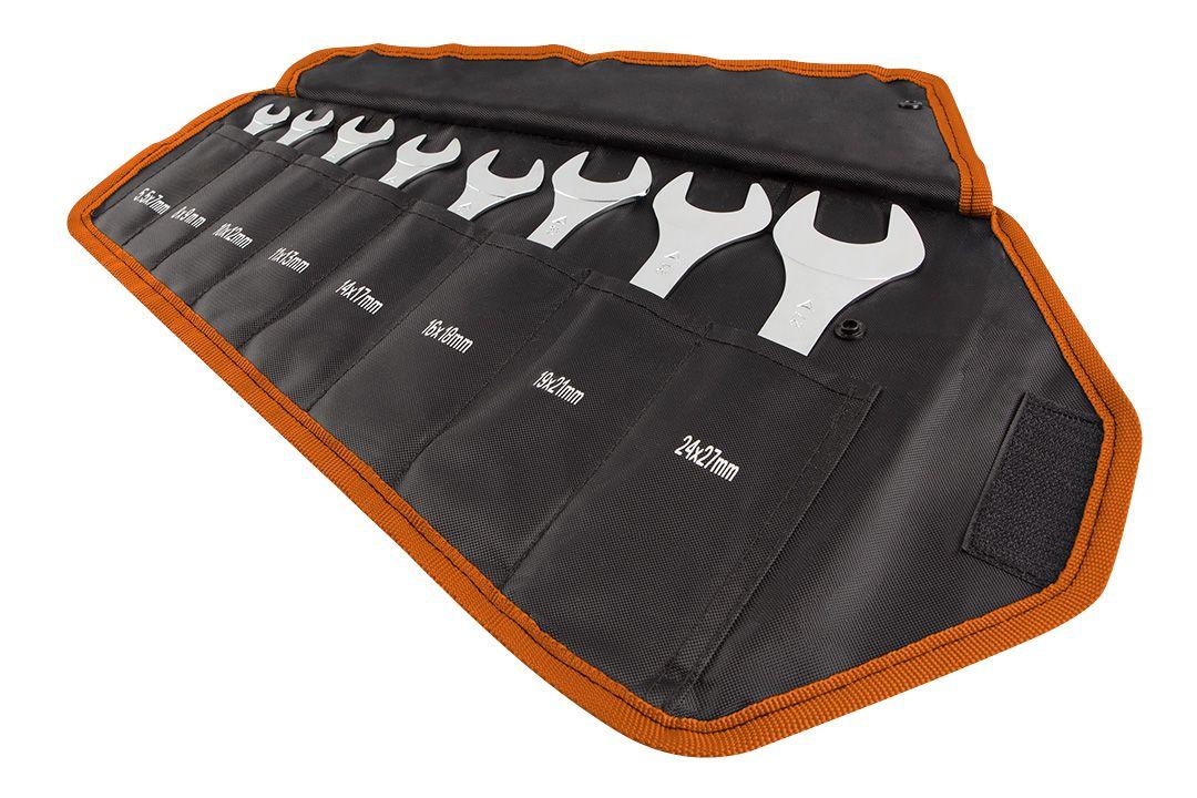 Ключ ріжковий подвійний 8 шт. набір, 5,5 - 27 мм, супертонка версія в пакетику на коліщатках, фото 1