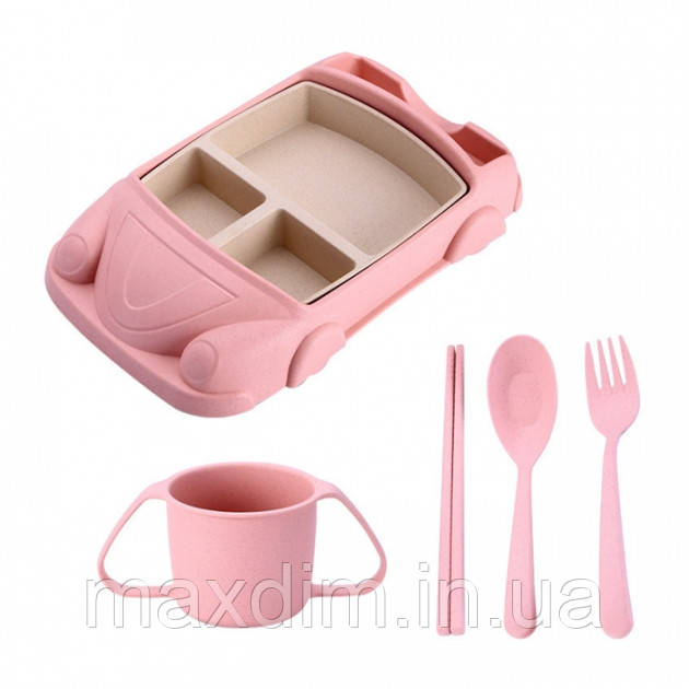 Набір дитячого посуду SUNROZ з бамбукового волокна у формі автомобіля Рожевий (SUN3897