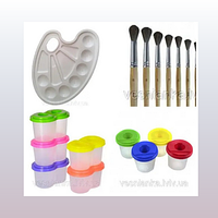 Палітра, пензлики для малювання, непроливайки