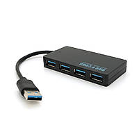 Хаб USB 3.0, 4 порту, плоский, чорний, підтримка до 2TB, кабель 0,14м, Блистер