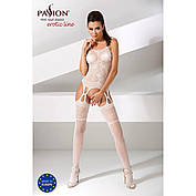 Бодістокінг Passion BS050 white, комбінезон, імітація панчіх і пояси, фото 6