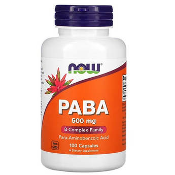 Пара-амінобензойна кислота, NOW PABA 500 mg 100 капсул