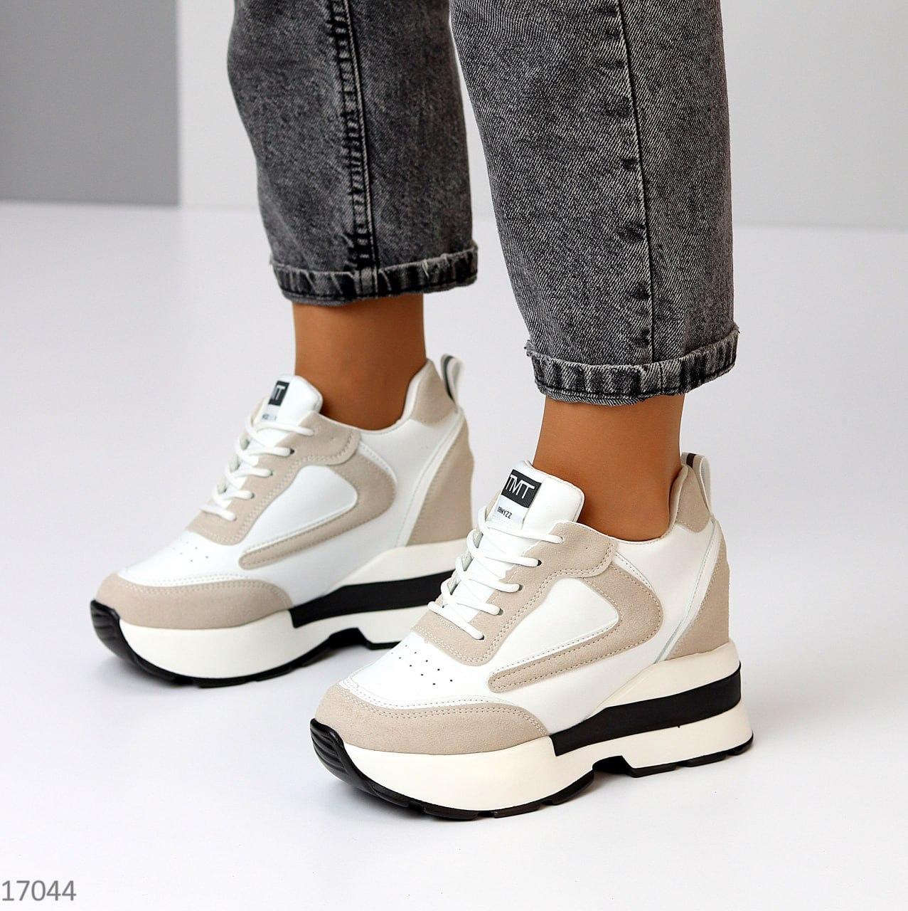 Демисезонные женские ботинки сникерсы молодежные стильные белые экокожа/экозамша - фото 8 - id-p1790122878