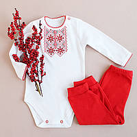 Комплект вышитый для новорожденного боди и брюки красного цвета, патриотическая одежда для младенцев ТМ Ладан