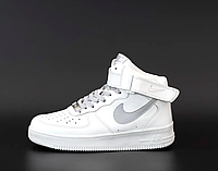 Кроссовки мужские Nike Air Force высокие белые, Найк Аир Форс натуральная кожа, прошиты. код KD-12377