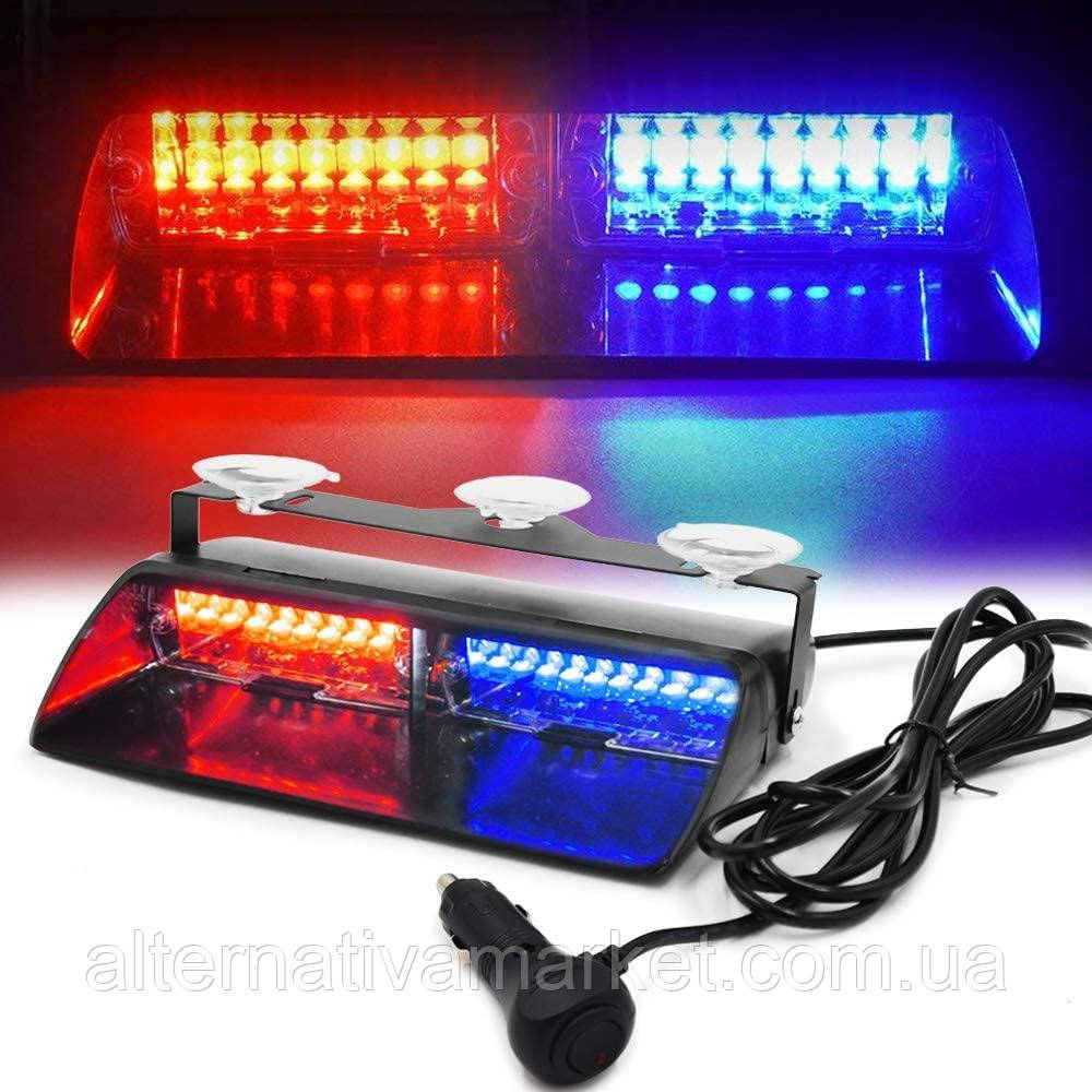 Світлодіодний стробоскоп ЧЕРВОНО-СИНІЙ на лобове скло "WINDOW STROBE 16LED", проблисковий маячок салон авто, фото 1