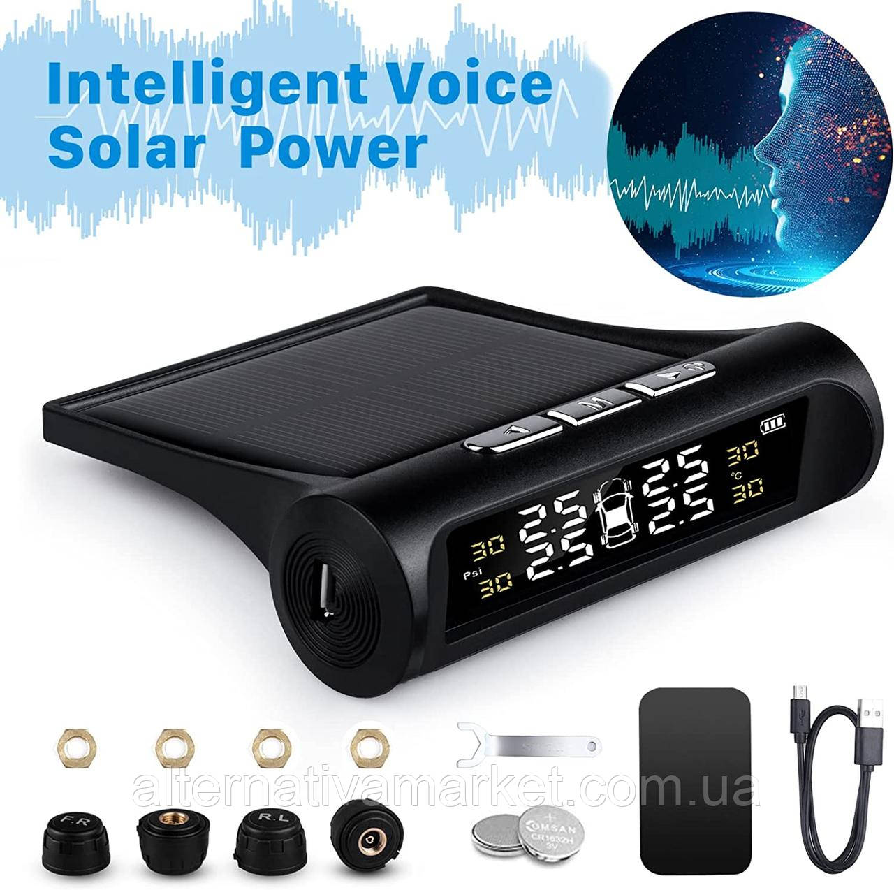 Система контролю тиску в шинах TPMS T-2VOICE (4шт. зовнішні датчики, Сонячна батарея), фото 1