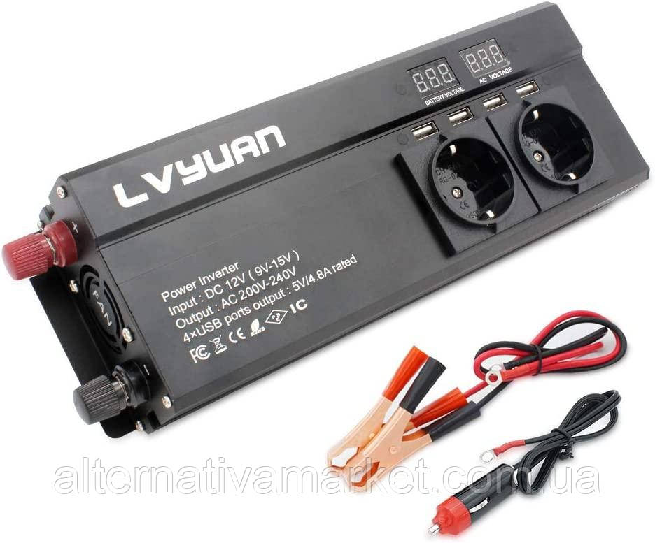 Інвертор 12V-220 "LVYUAN 2000W", перетворювач напруги 12V-220V (4USB, 3 євро-розетки, 2000Вт), фото 1