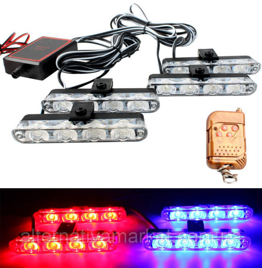 Стробоскоп "Federal Police 9204-4LED", поліцейська мигалка (червоно-сині 4шт, пульт дистанційного керування, під решітку, бампер), фото 1