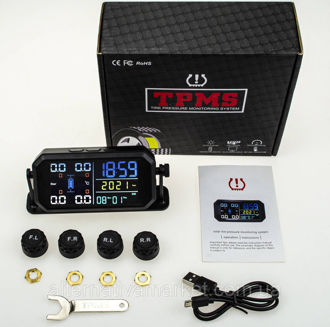 Система контролю тиску в шинах TPMS T-13 (4шт зовнішні датчики, Сонячна батарея), фото 1