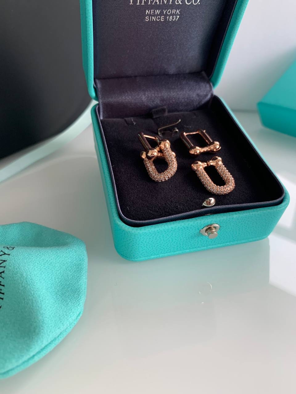 Тіффані heardwear сережки в брендовому пакованні, з цирконієм у рожевому золоті, люкс якість