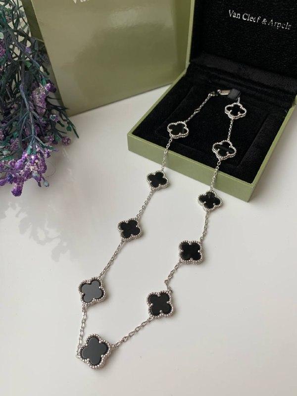 Підвіска Ван Кліф чорна, покриття білим золотом 18 К/підвіска коротка Клевер на 10 елементів, фото 1