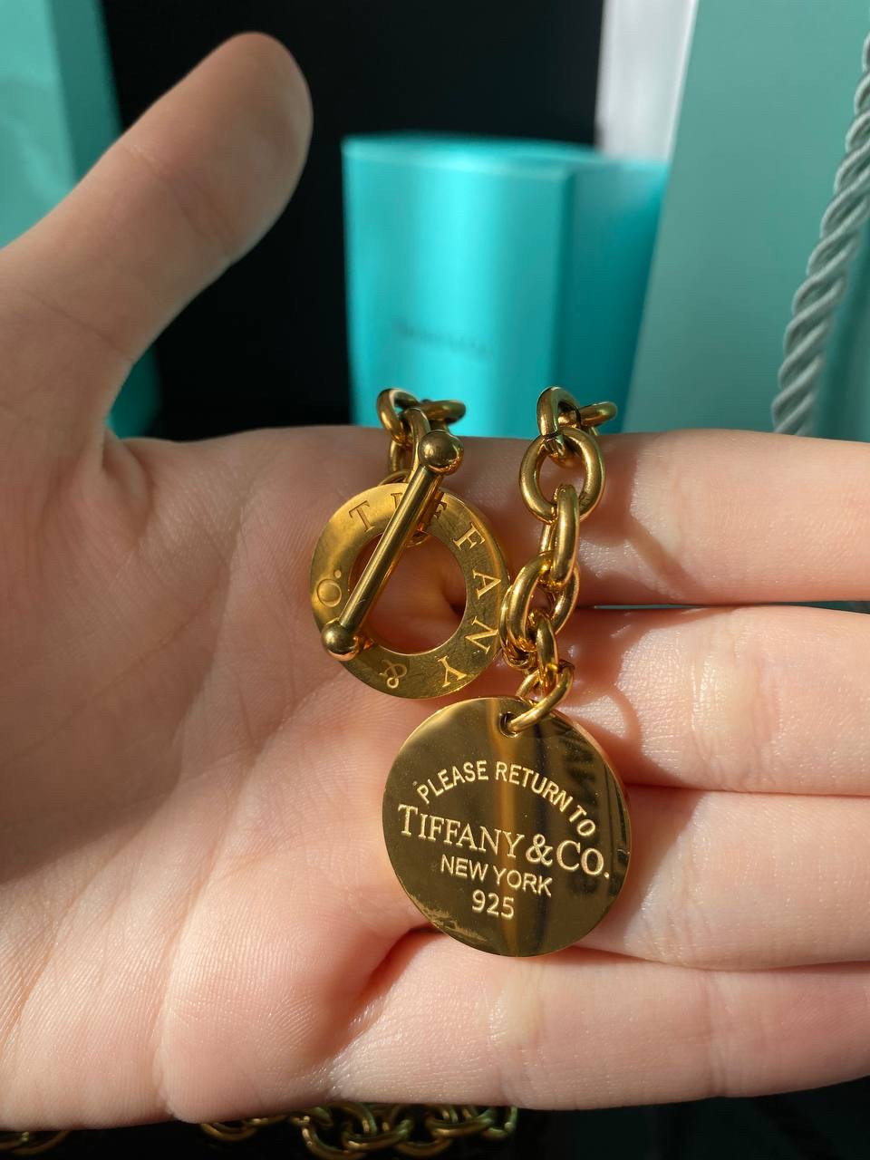 Tiffany Тіффані стильна підвіска великий ланцюг позолота рожеве золото/упакована в мішечок Tiffany