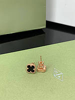 Сережки в стилі Ванкліф покриття рожевим золотом AU750, чорним емаль